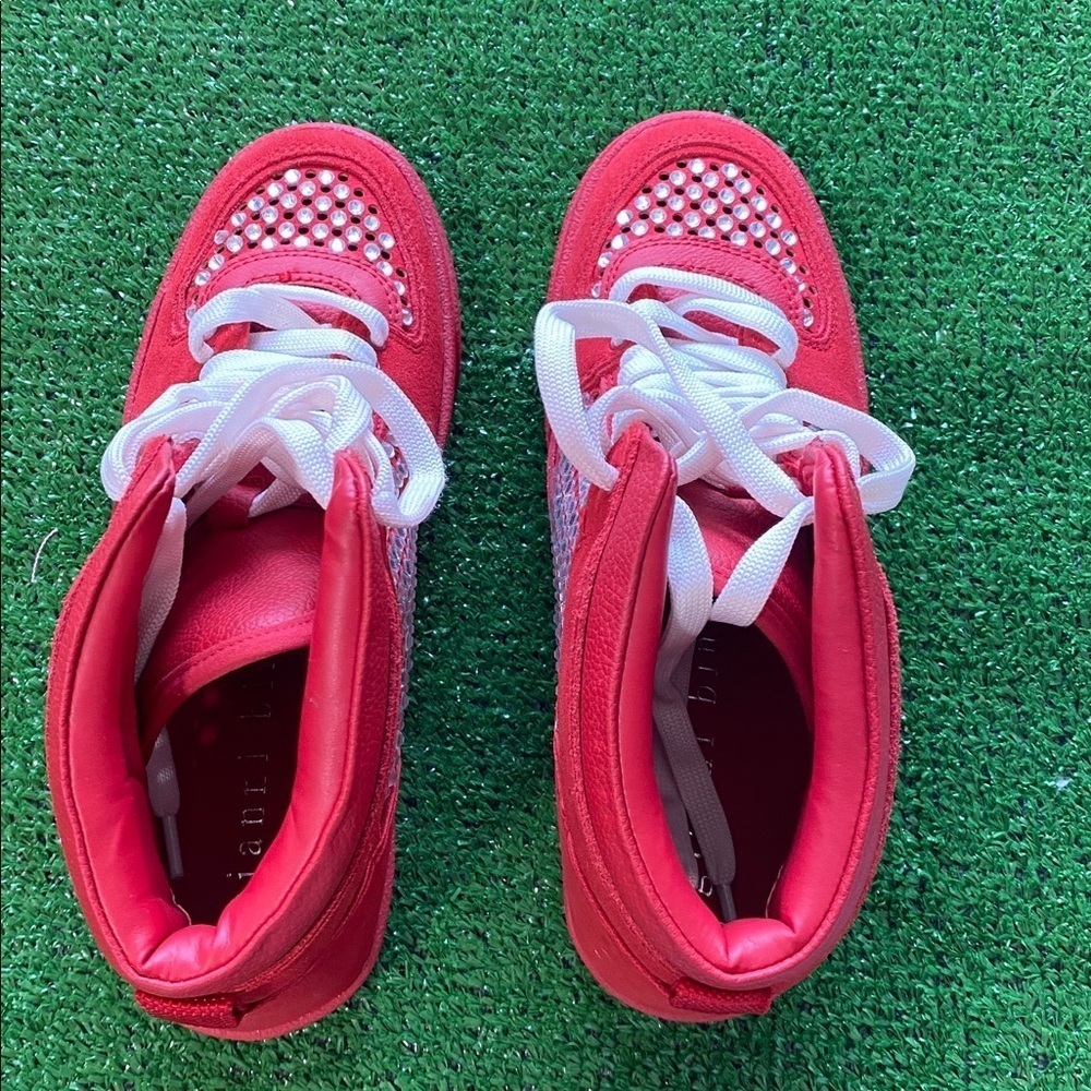 Gianni Bini Evie Red Rhinestone High Top Sneakers Women Siz7.5 Suede Leather U-2 - Picture 2 of 7